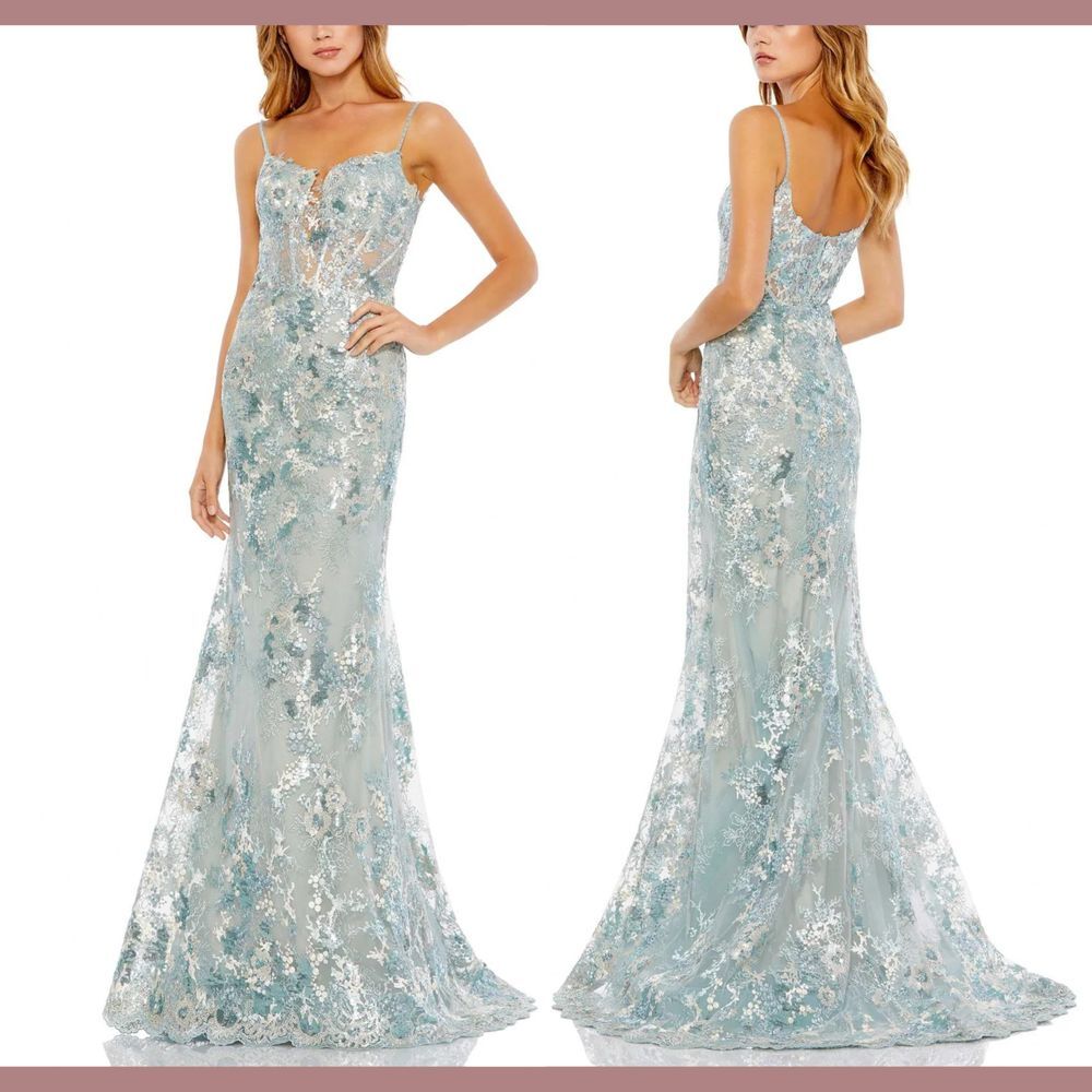 NWT $798 Mac Duggal [ 10 ] 79297 Embroidered‎ Spaghetti Strap Trumpet Gown Blue - Picture 2 of 16